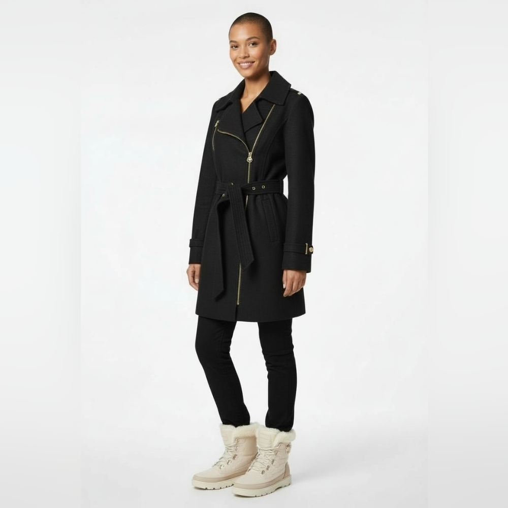Michael Kors Black Belted Coat with Gold Accents